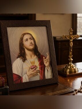 JESUS CHRIST Italy Lizard Skin LEATHER FRAME Orig Vintage Fine Art Print Antique